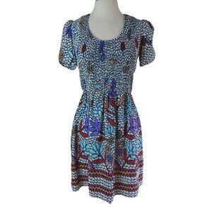 VINTAGE 1970s Printed Mini Dress Smocked Bodice Puff Sleeves XXS XS